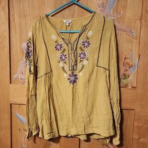 Sonoma Mustard Tunic with Purple Floral Embroidery
